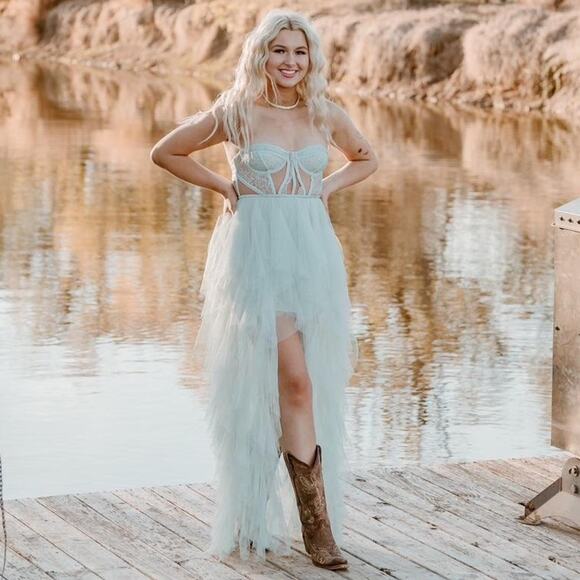 For Love & Lemons Bustier Hi Low Gown Blue‎ Tulle Tiered Strapless Dress Sz S - Picture 2 of 14